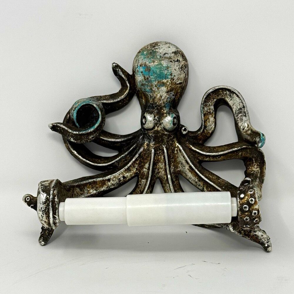 Octopus Metal Wall Mounted Toilet Paper Holder Bar Antique Silver/Blue Nautical